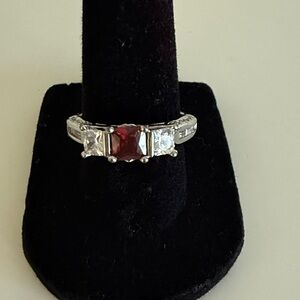 Stunning Silver Ring with Red and Clear Gemstones